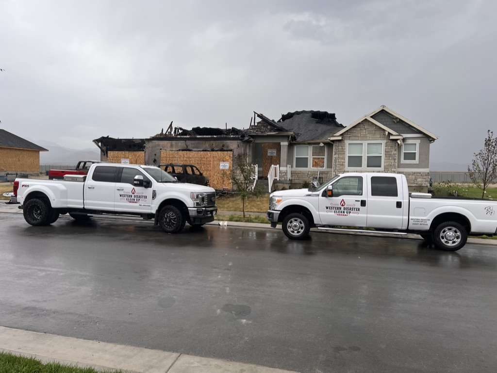 Western Disaster Clean Up trucks at a fire damaged home