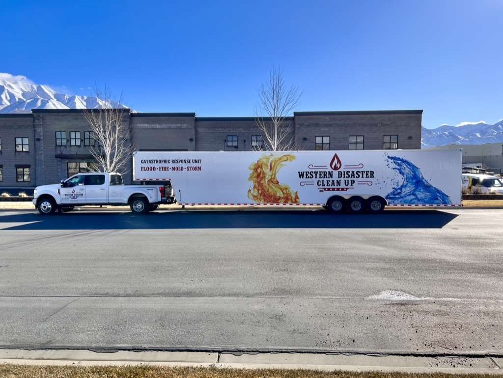 Catastrophic response unit trailer with the Wasatch range behind it